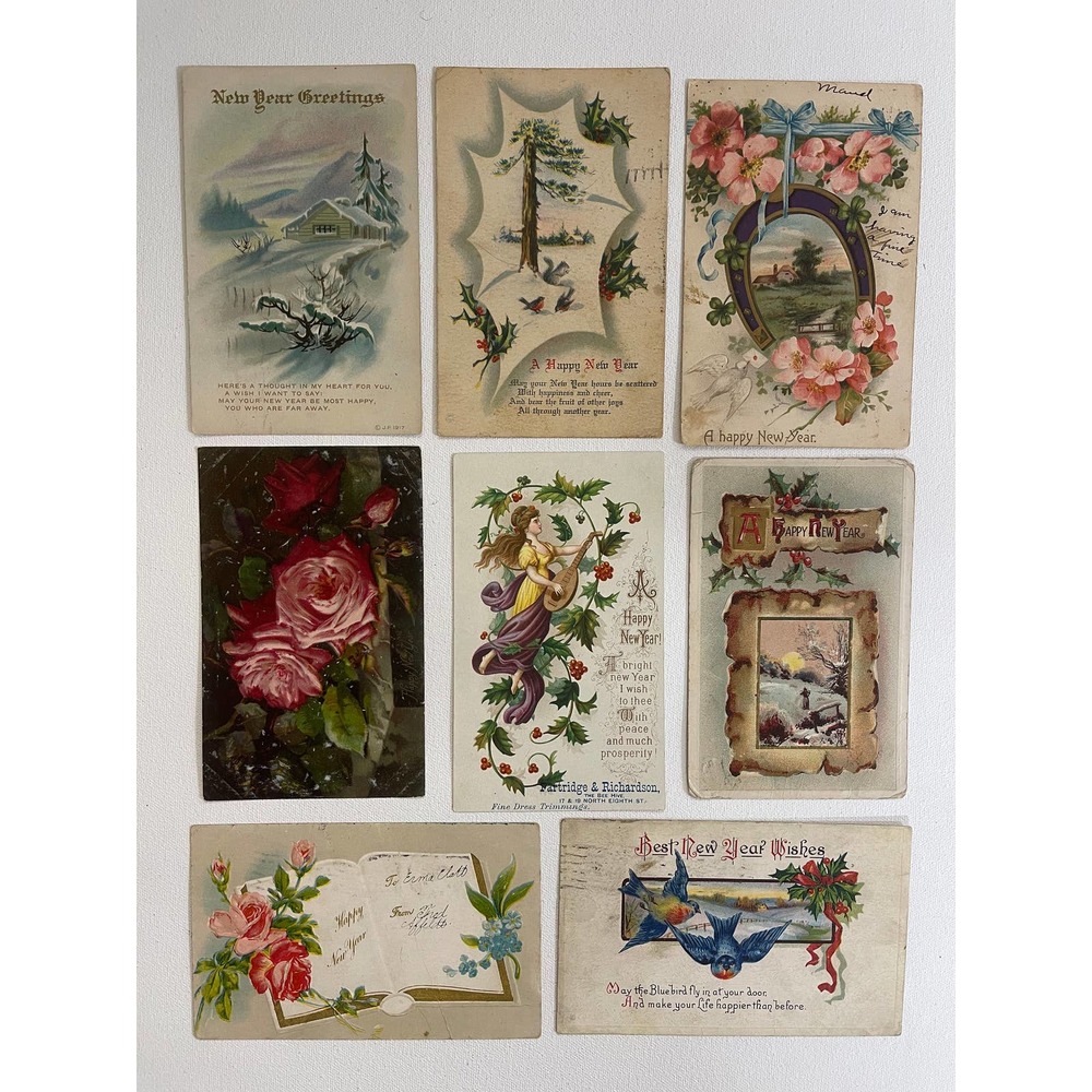 Antique New Years Postcards, Set of 8 Vintage Postcards